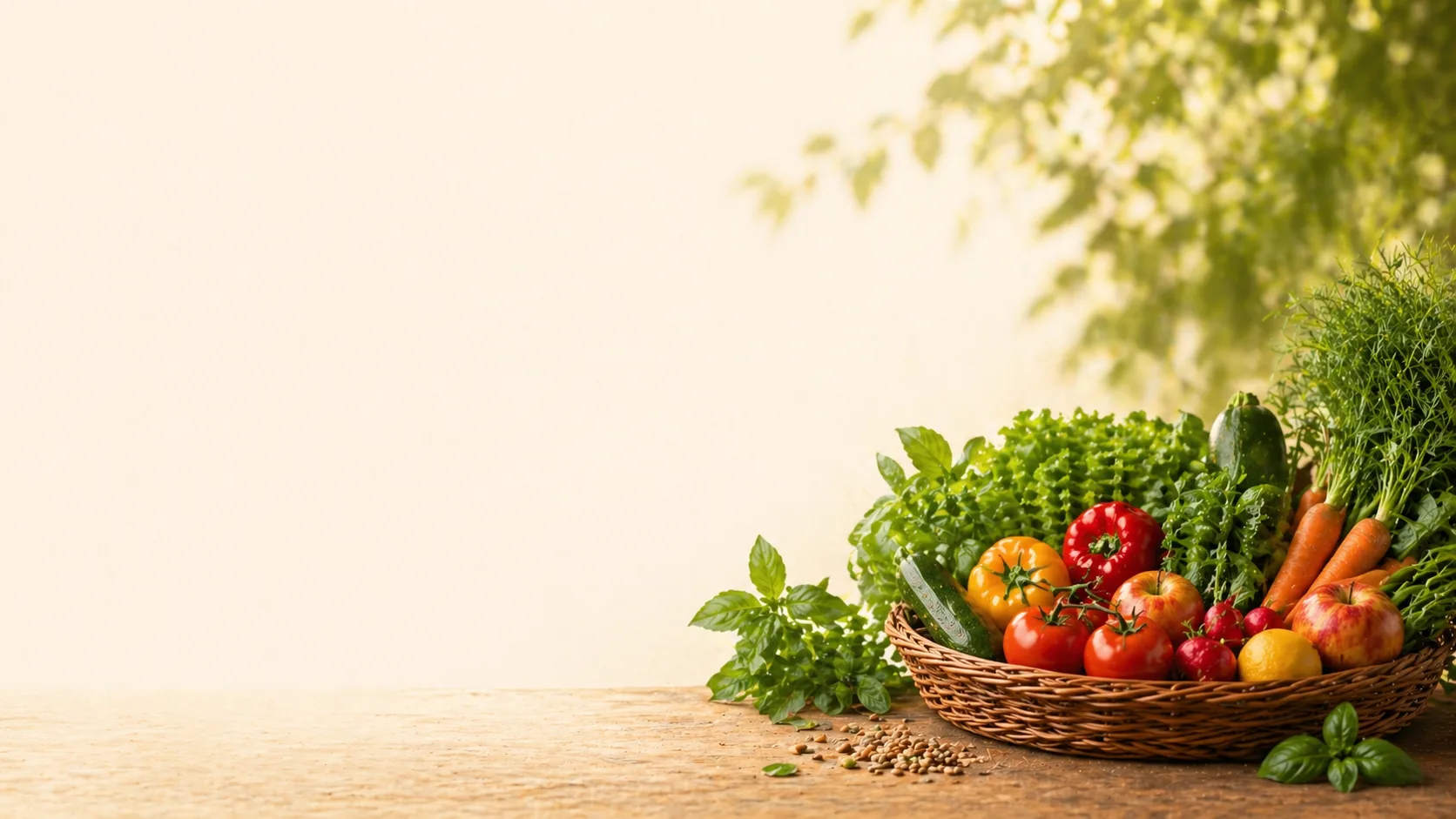 Panier de légumes du potager et graines sur une table en bois