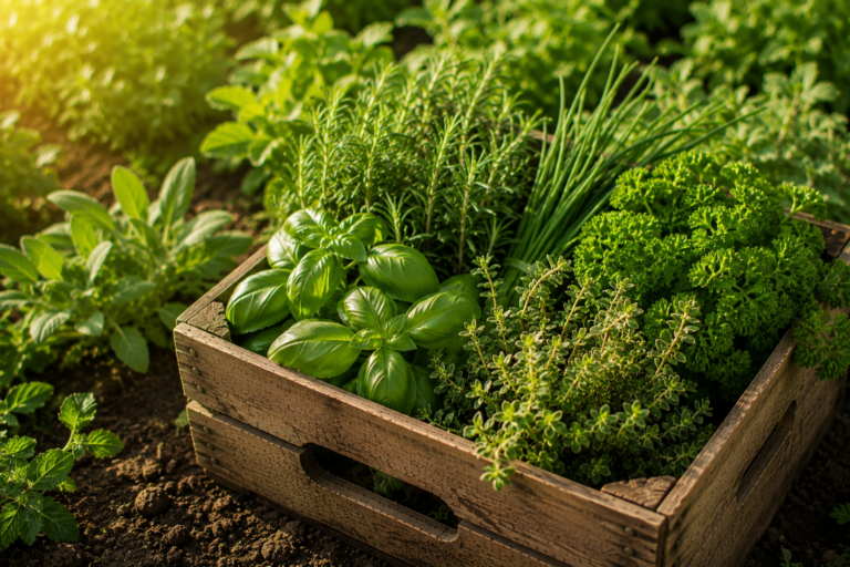 Basilic, romarin, ciboulette, persil frisé et thym dans une cagette en bois au potager.