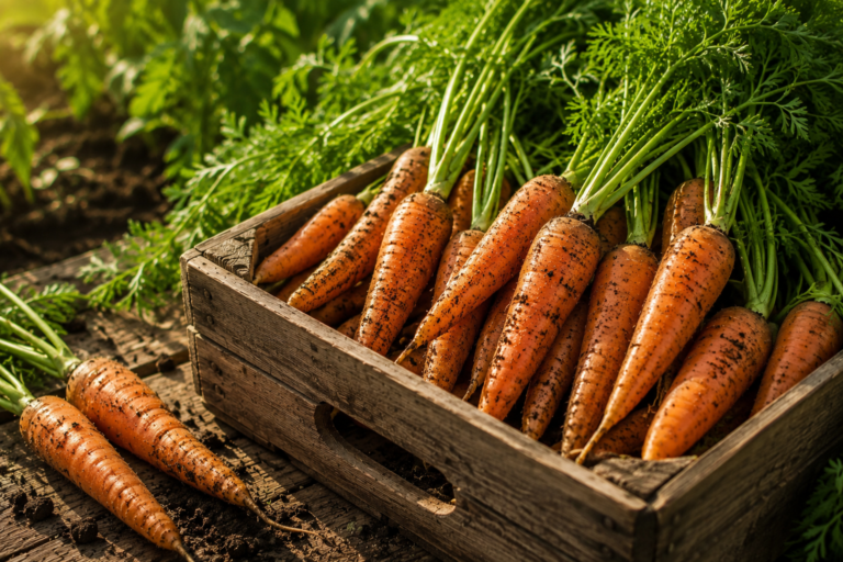 Carottes fraîchement récoltées avec leurs fanes.