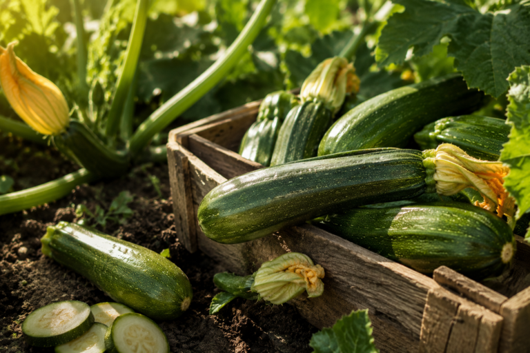 Courgettes vertes et jaunes fraîchement récoltées avec leurs fleurs.
