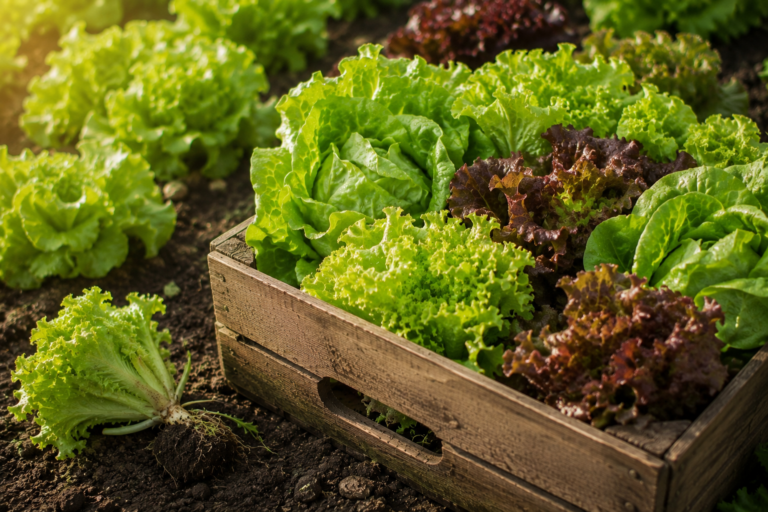 Laitues vertes et rouges dans une cagette en bois au potager.