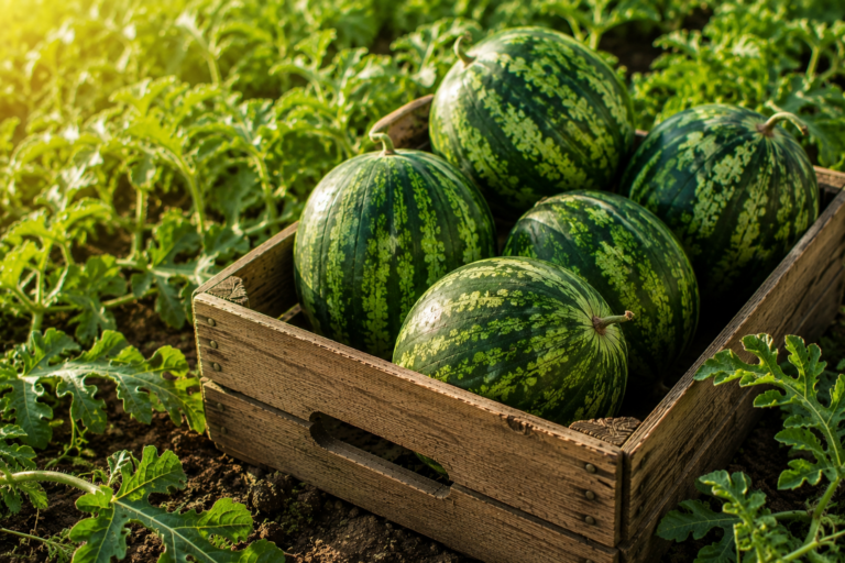 Pastèques rayées dans une cagette en bois au potager.