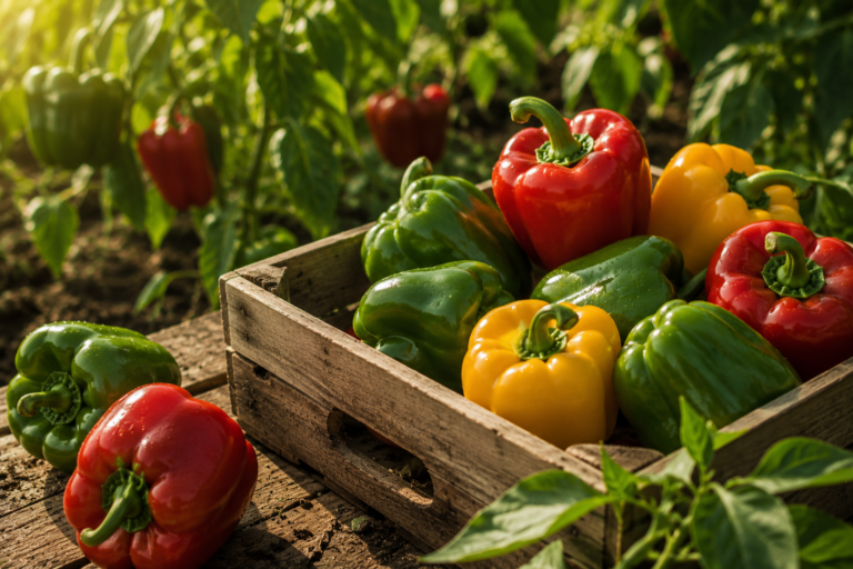 Poivrons rouges, jaunes et verts dans une cagette en bois au potager.