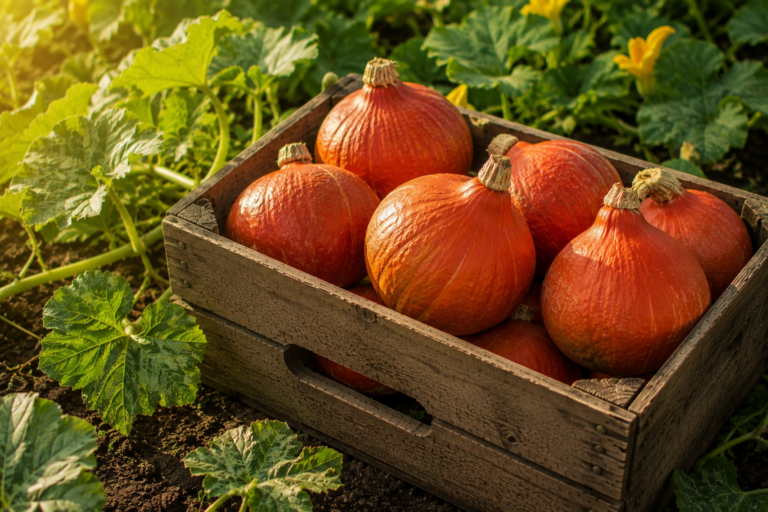 Potimarrons orange dans une cagette en bois au potager.