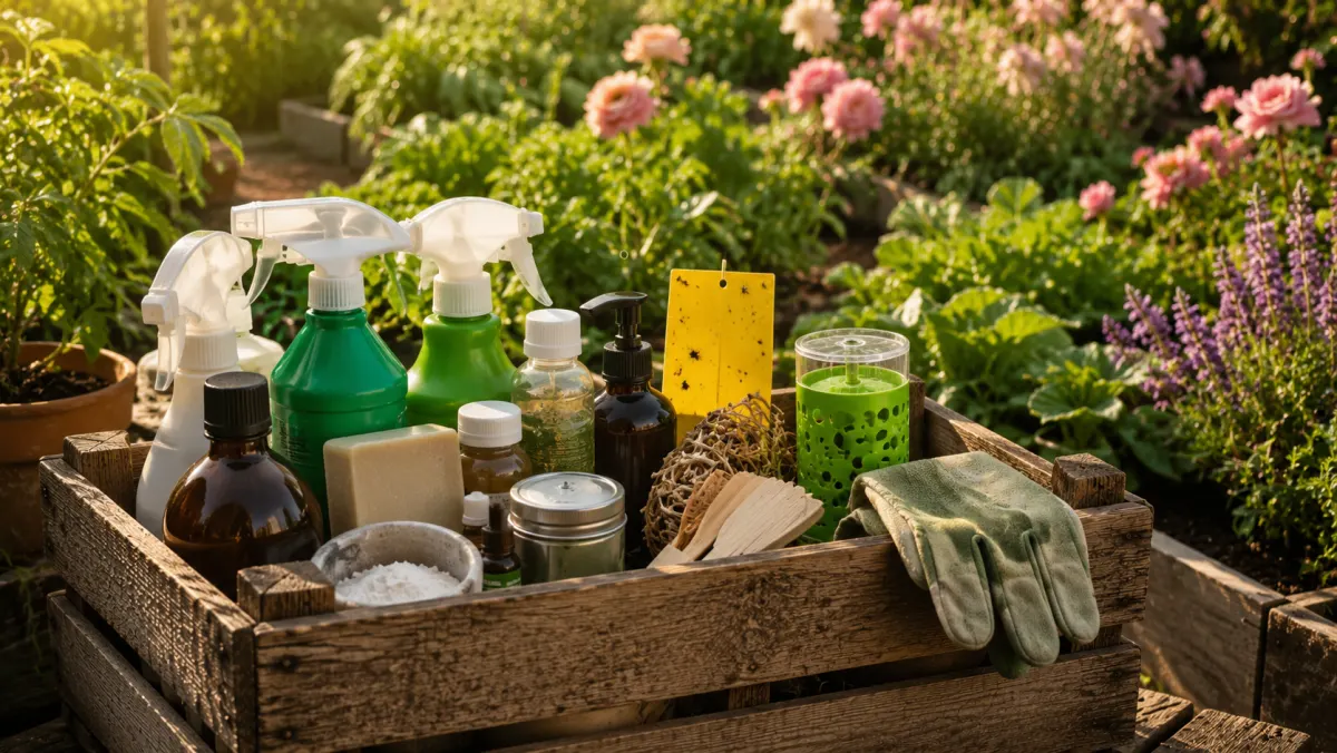 Produits et accessoires pour l’entretien du jardin dans une caisse en bois
