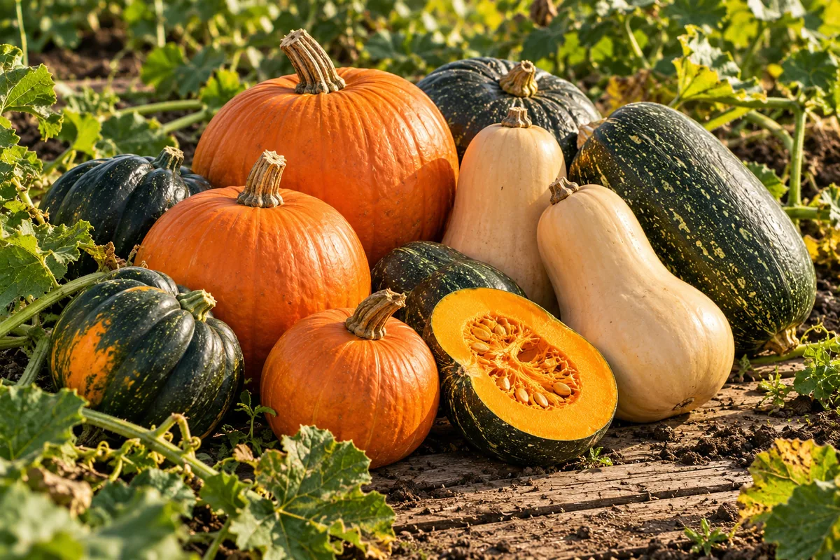 Courges de formes et de couleurs variées au potager