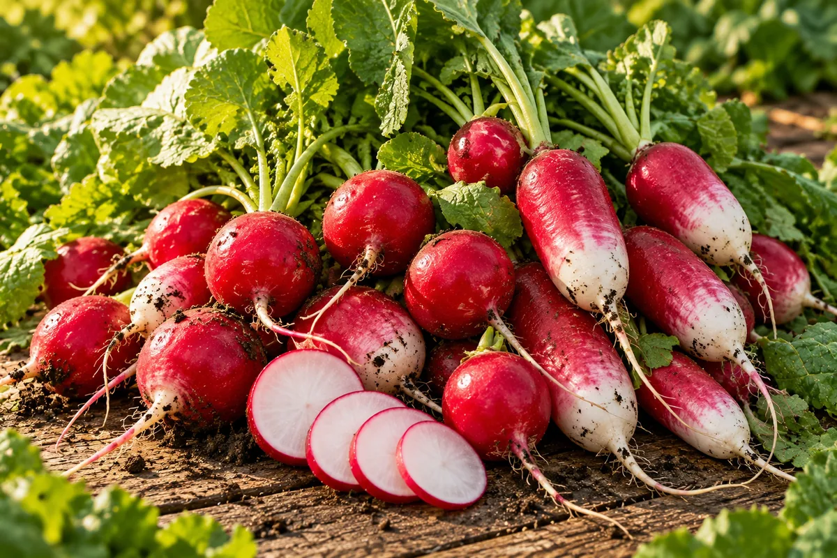 Radis fraîchement récoltés au potager
