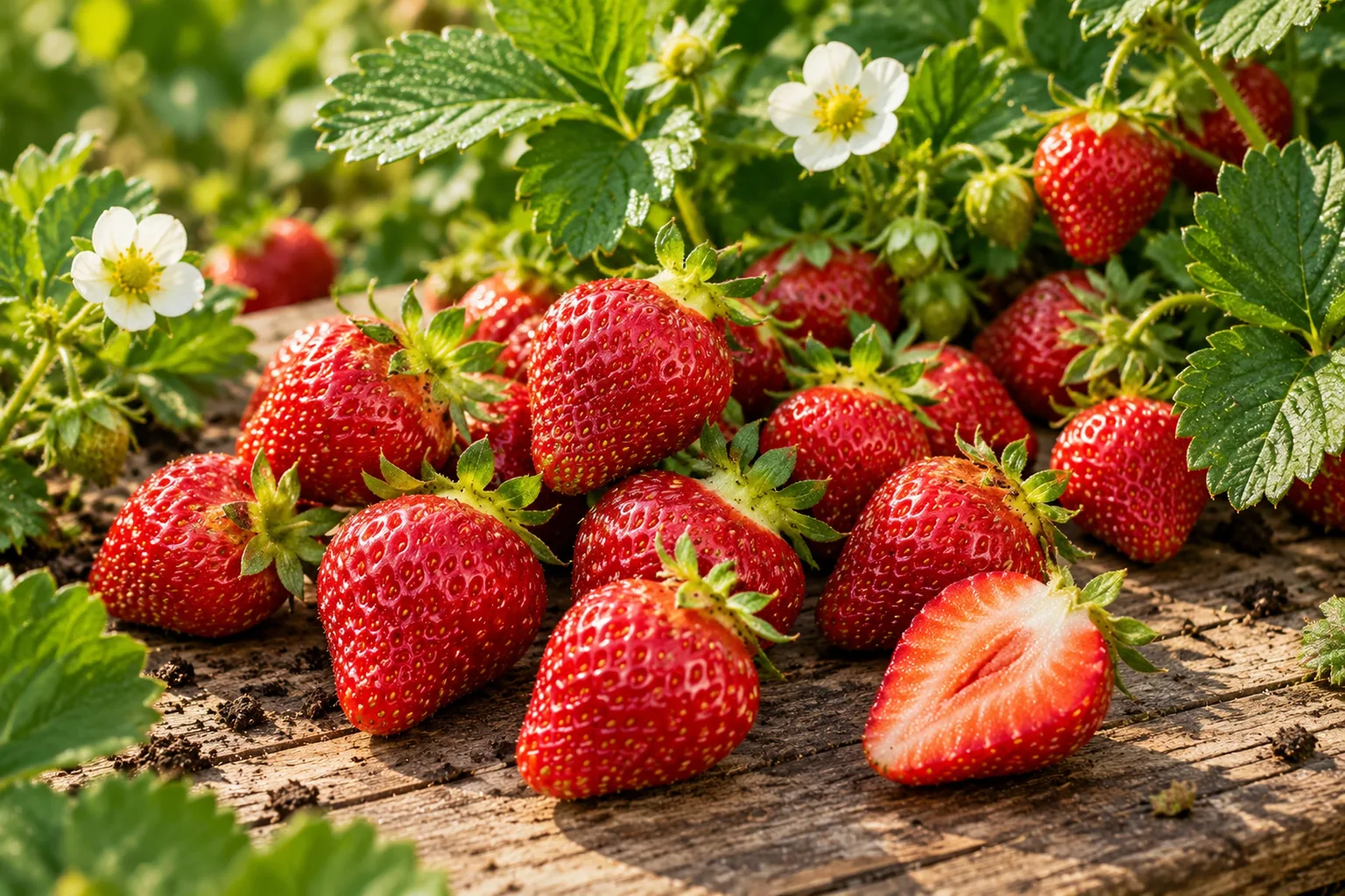 Fraises mûres sur le plant et fraises cueillies.