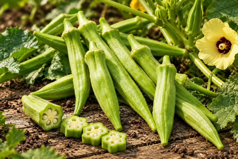 Gousses d’okra fraîchement cueillies sur une planche de bois.
