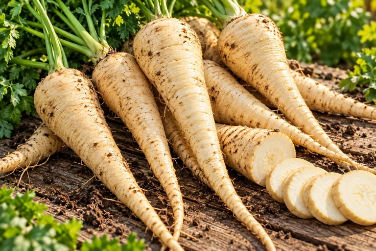 Racines de panais fraîchement arrachées sur une planche de bois.