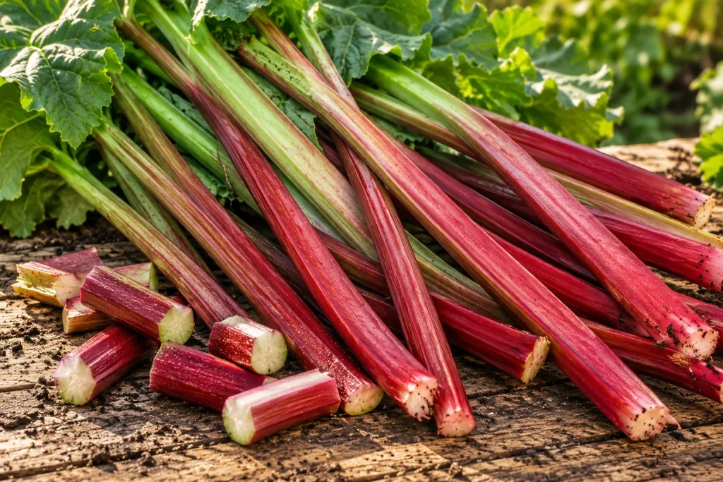 Tiges de rhubarbe fraîchement récoltées avec leurs feuilles.