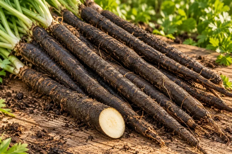 Racines de scorsonère à peau noire fraîchement arrachées.