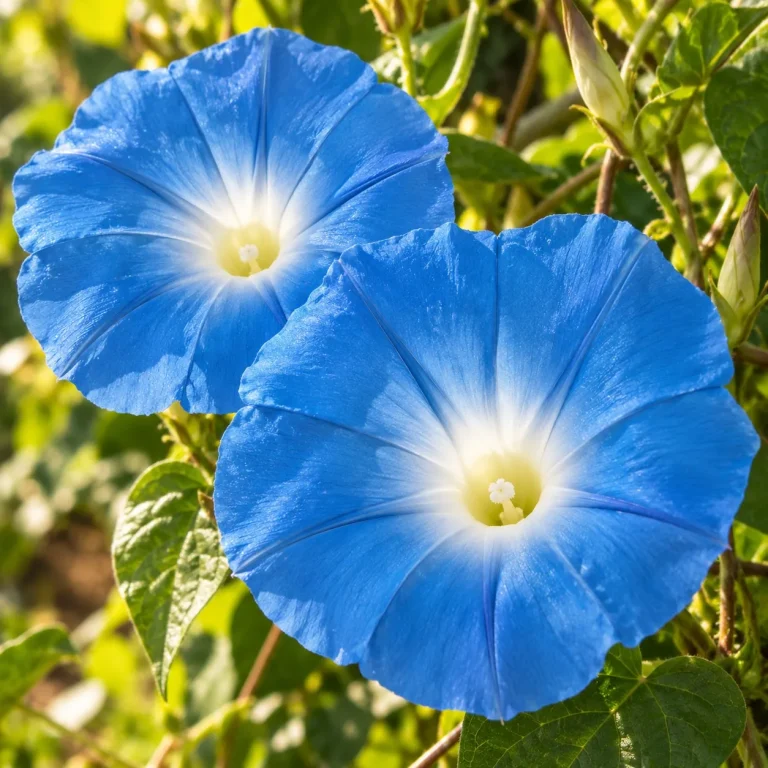 Ipomées volubilis à grandes fleurs bleues sur un support.
