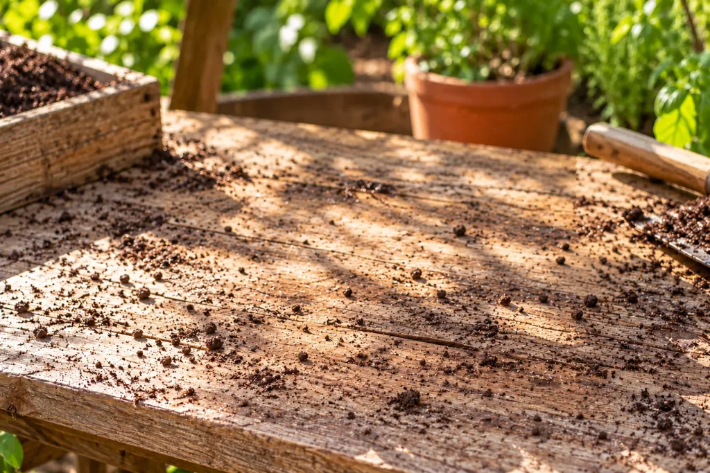 Pots biodégradables remplis de terreau sur une table de rempotage, jeunes semis verts qui lèvent