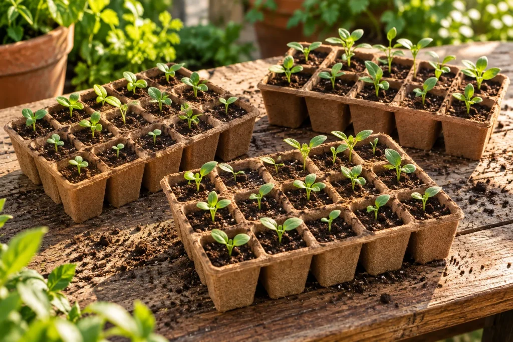 Pots biodégradables remplis de terreau sur une table de rempotage, jeunes semis verts qui lèvent