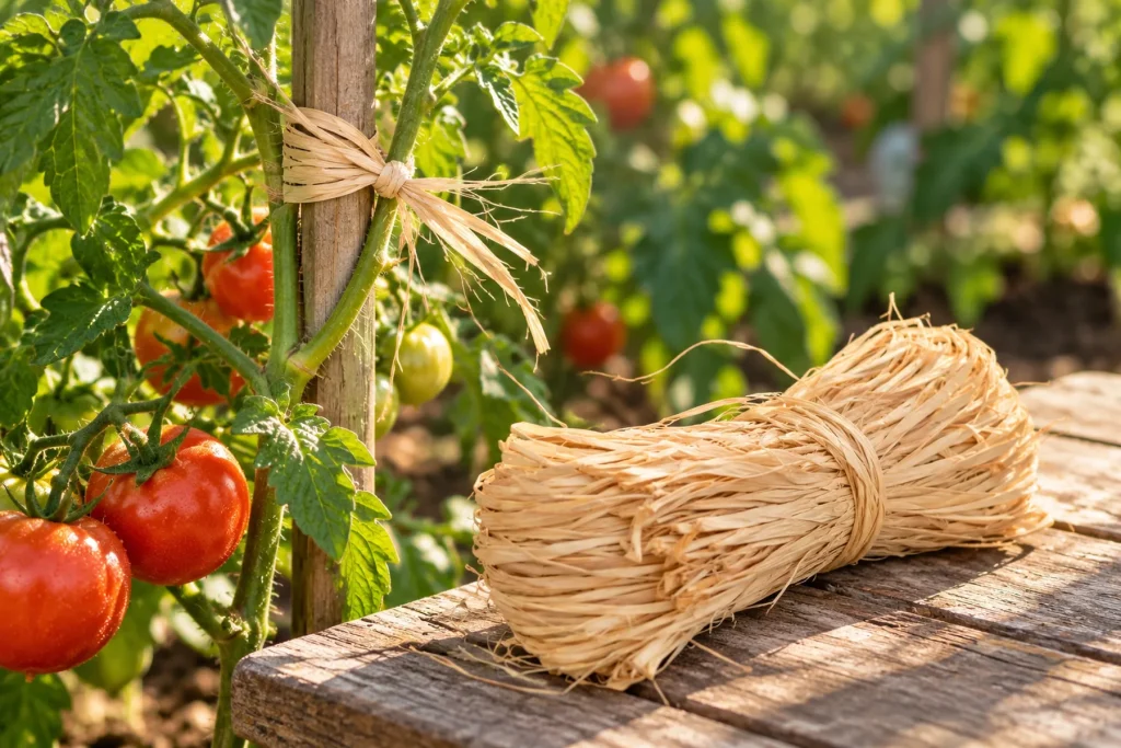Raphia naturel noué autour d'un tuteur de tomate au potager, botte de raphia posée sur une table de jardin