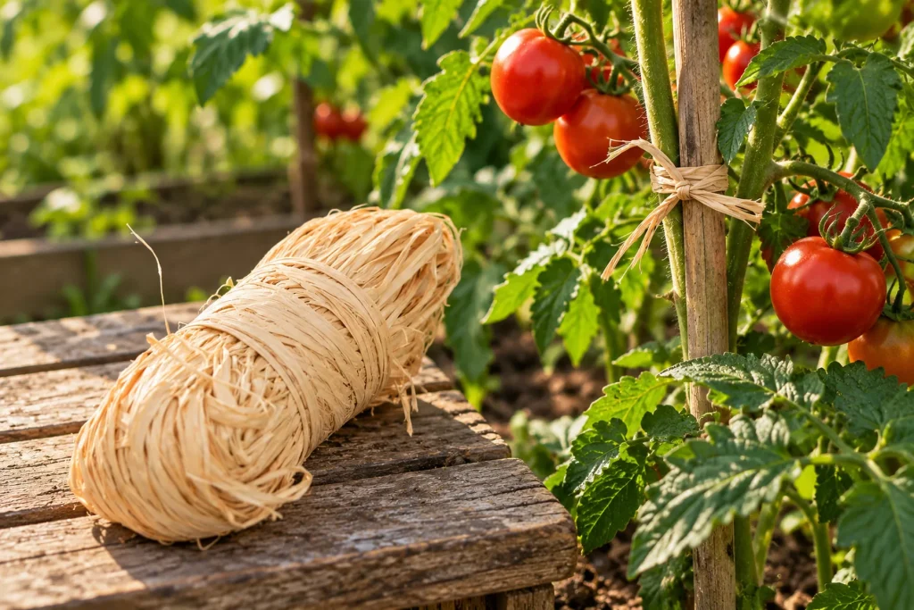 Raphia naturel noué autour d'un tuteur de tomate au potager, botte de raphia posée sur une table de jardin