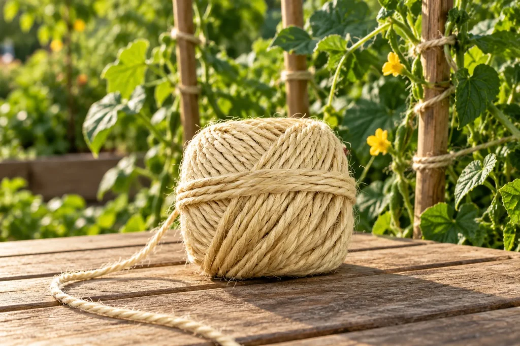 Bobine de ficelle naturelle sur une table de jardin en bois, quelques plants palissés à l'arrière-plan