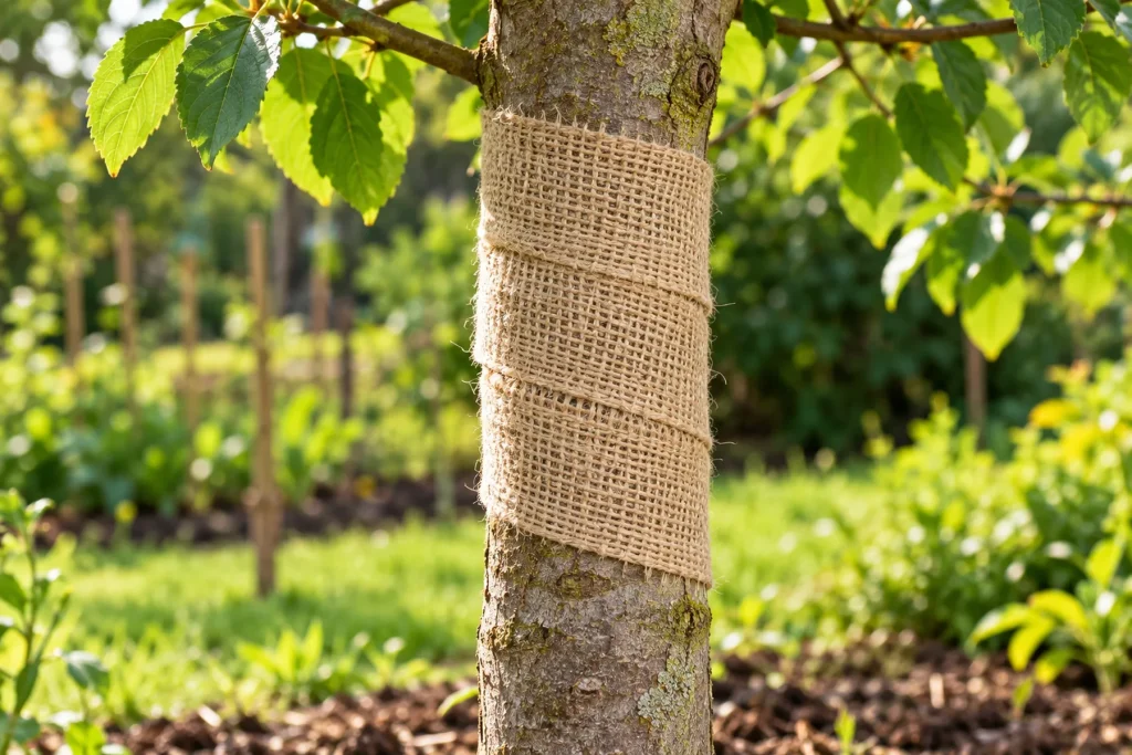 Bande de jute enroulée autour du tronc d'un jeune arbre au jardin
