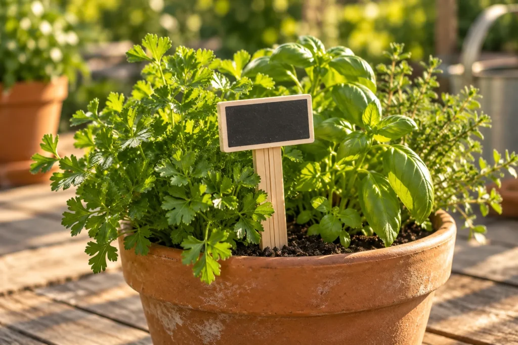 Étiquette en bois et ardoise plantée dans un pot d'aromatiques sur une table de jardin, inscription illisible à la craie blanche