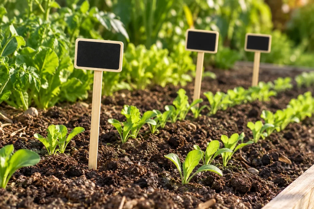 Étiquettes de semis plantées dans une planche du potager, devant de jeunes rangs qui lèvent