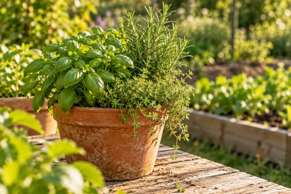 Étiquette en bois et ardoise plantée dans un pot d'aromatiques sur une table de jardin, inscription illisible à la craie blanche