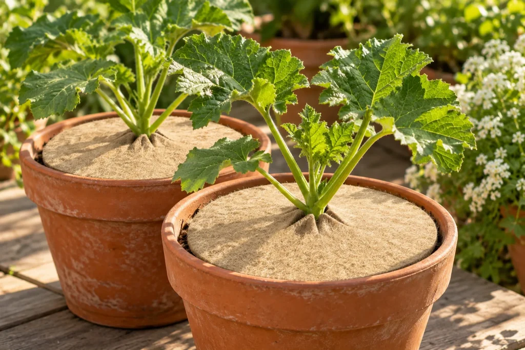 Disques de paillage en feutre de jute posés au pied de jeunes plants en pot, sur une terrasse