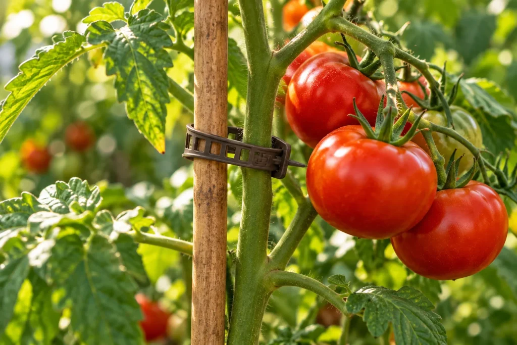Clips de jardin maintenant une tige de tomate chargée de fruits contre son tuteur