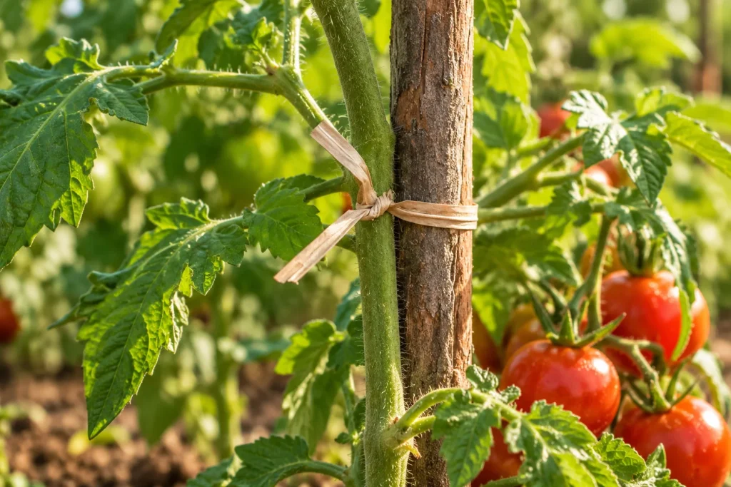Liens en papier kraft attachant une tige de tomate à son tuteur au potager