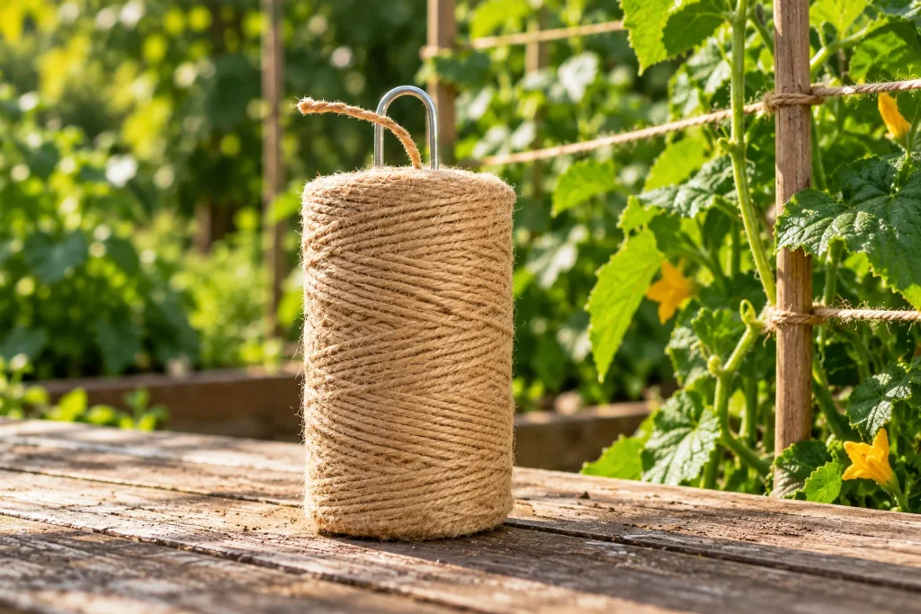 Bobine de ficelle naturelle sur une table de jardin en bois, quelques plants palissés à l'arrière-plan