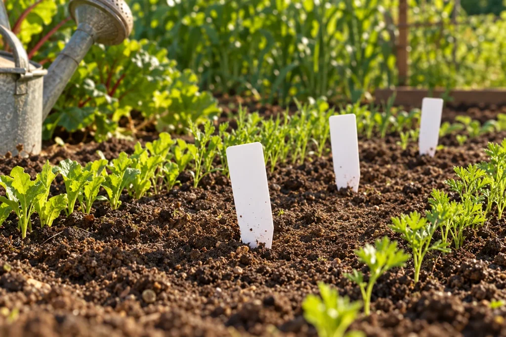 Étiquettes de semis plantées dans une planche du potager, devant de jeunes rangs qui lèvent