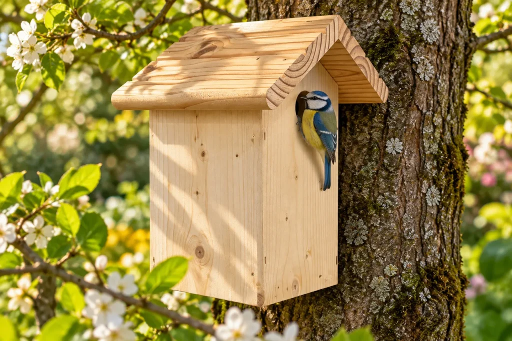 Le nichoir mésange bleue fixé sur un tronc d'arbre au jardin, au printemps, une mésange bleue sur le bord du trou d'envol
