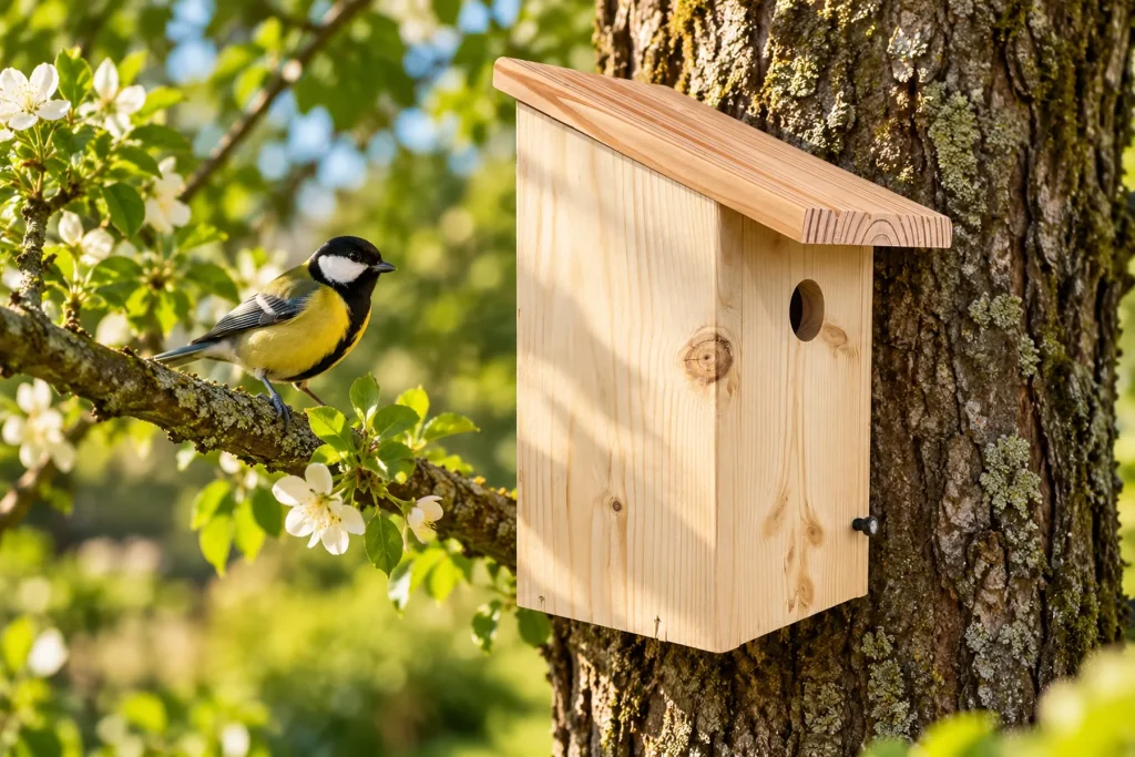 Le nichoir mésange charbonnière fixé sur un tronc d'arbre au jardin, au printemps, une mésange charbonnière à proximité