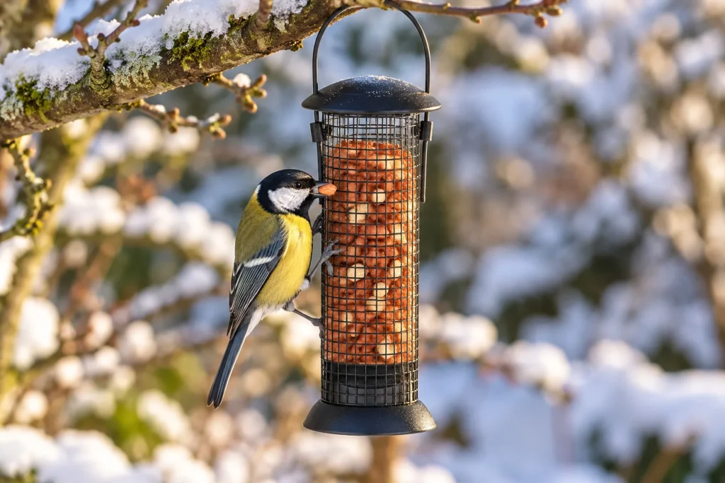 La mangeoire à cacahuètes suspendue à une branche en hiver, une mésange charbonnière qui s'y nourrit