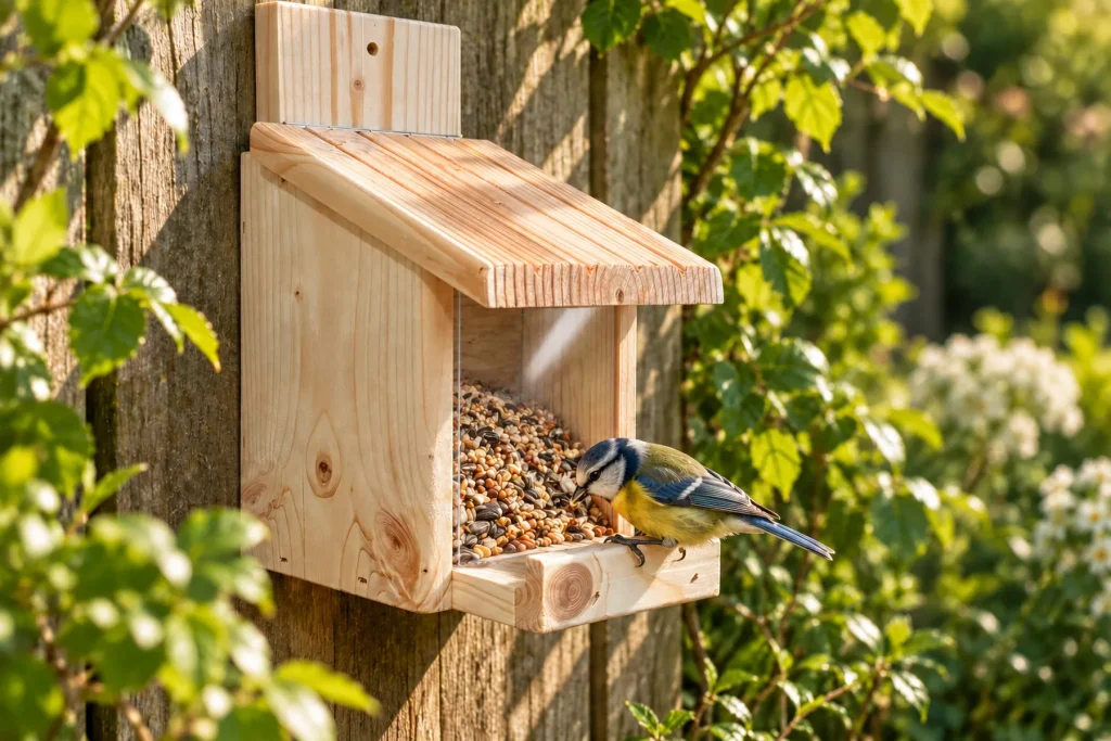 La mangeoire murale fixée contre une clôture en bois au jardin, des oiseaux qui s'y nourrissent