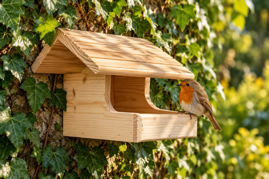 Le nichoir ouvert fixé contre un mur couvert de lierre au jardin, un rouge-gorge posé à côté