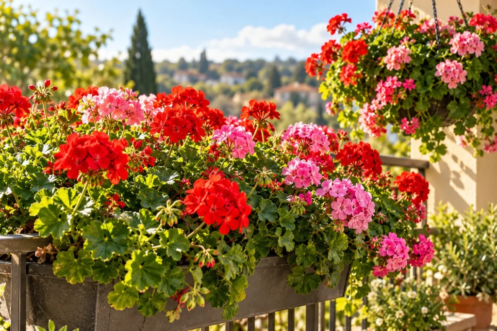 Balconnière et suspension de géraniums en pleine floraison, rouges et roses, feuillage dense, sur un balcon ensoleillé