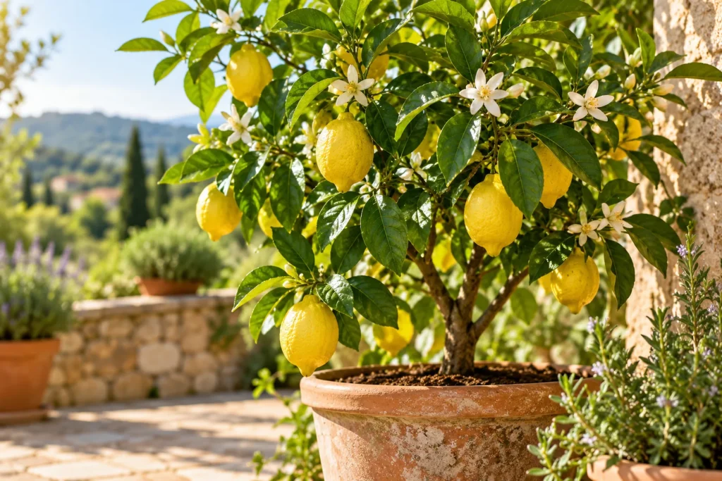Citronnier en pot sur une terrasse, feuillage vert brillant, citrons jaunes et quelques fleurs blanches