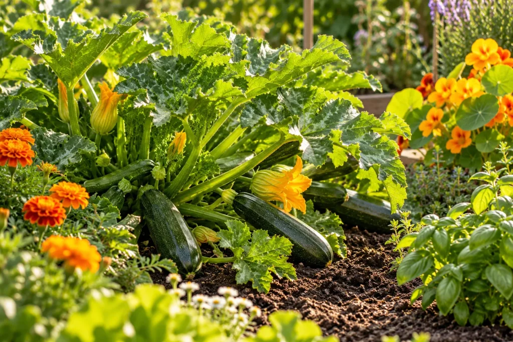 Coin de potager et de fleurs en pleine santé : légumes et fleurs vigoureux, feuillage vert dense, terre bien entretenue
