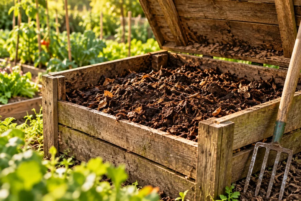 Composteur de jardin en bois ouvert, compost brun et grumeleux bien décomposé, fourche à côté, potager en arrière-plan flou
