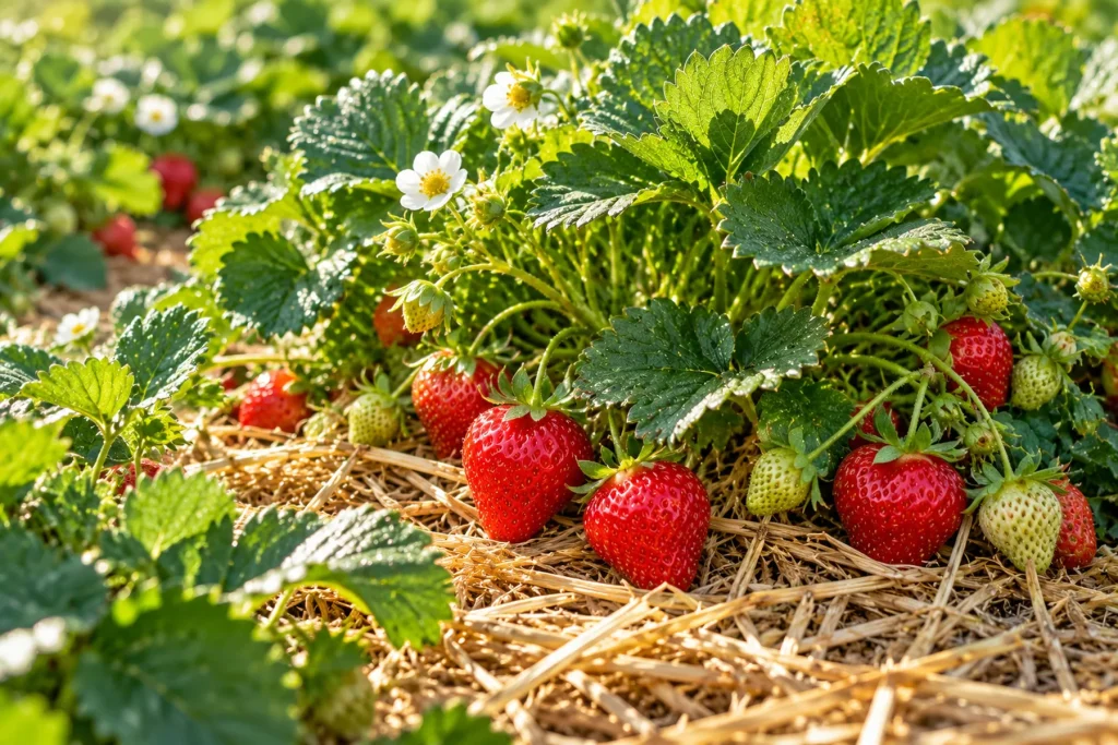 Fraisiers vigoureux au potager, feuillage vert sain et fraises bien rouges, paillage de paille au pied