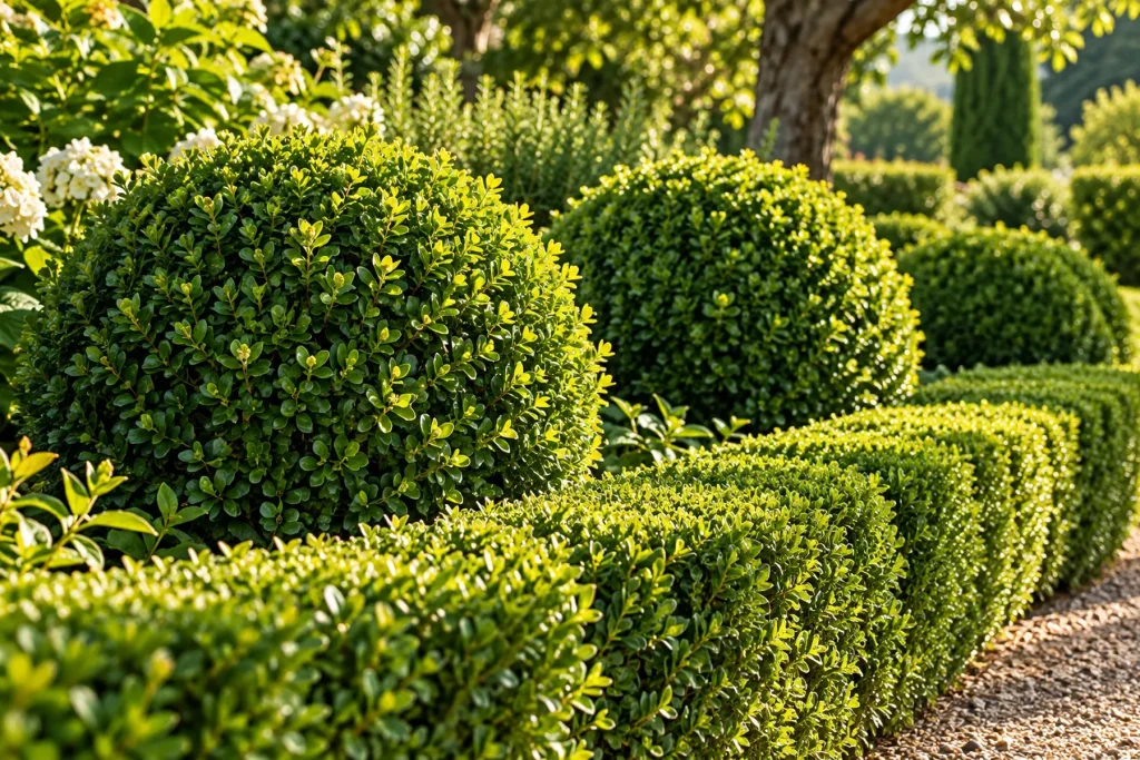 Haie et boules de buis bien vertes et denses dans un jardin soigné