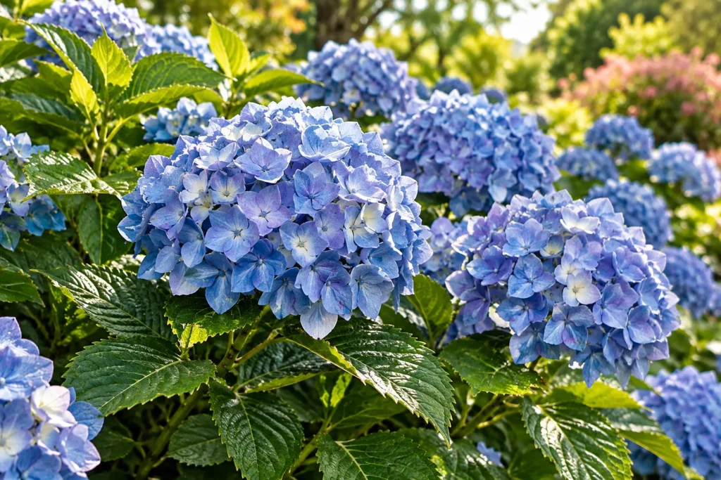 Hortensias bleus en pleine floraison au jardin, grosses inflorescences, feuillage vert sain