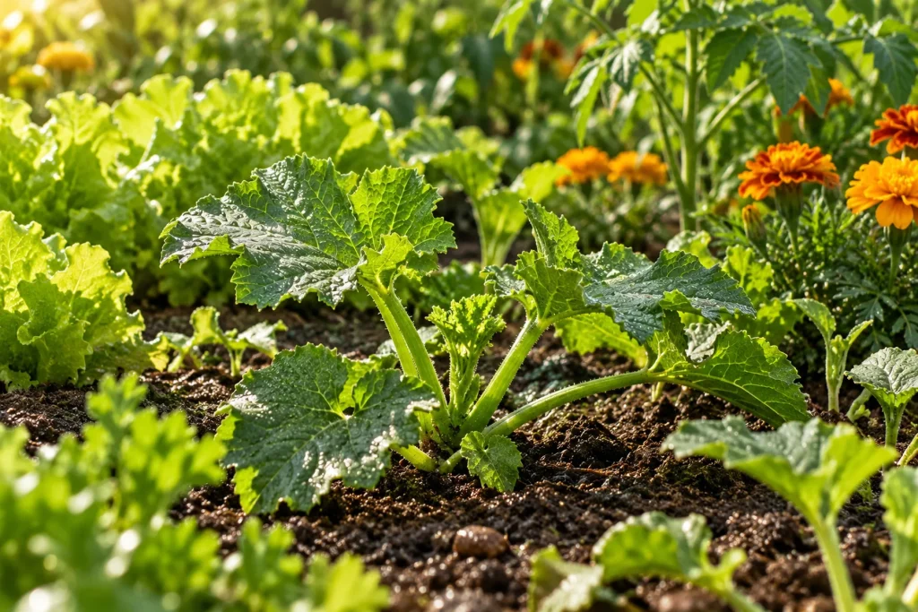 Jeunes plants de légumes et de fleurs repartant avec vigueur au printemps, feuillage vert vif, terre humide