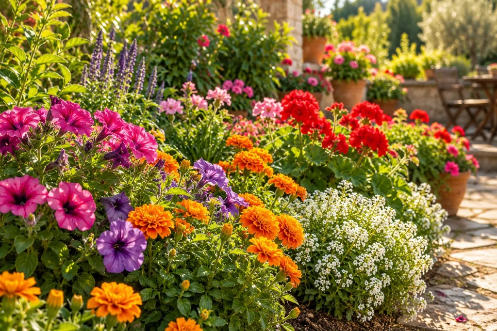 Massif fleuri et terrasse en pleine floraison : fleurs annuelles colorées, abondantes, feuillage sain