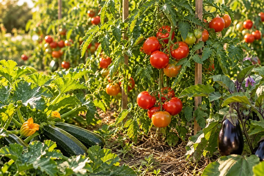 Pieds de tomates chargés de fruits mûrs au potager, quelques courgettes et aubergines à côté, feuillage vert sain