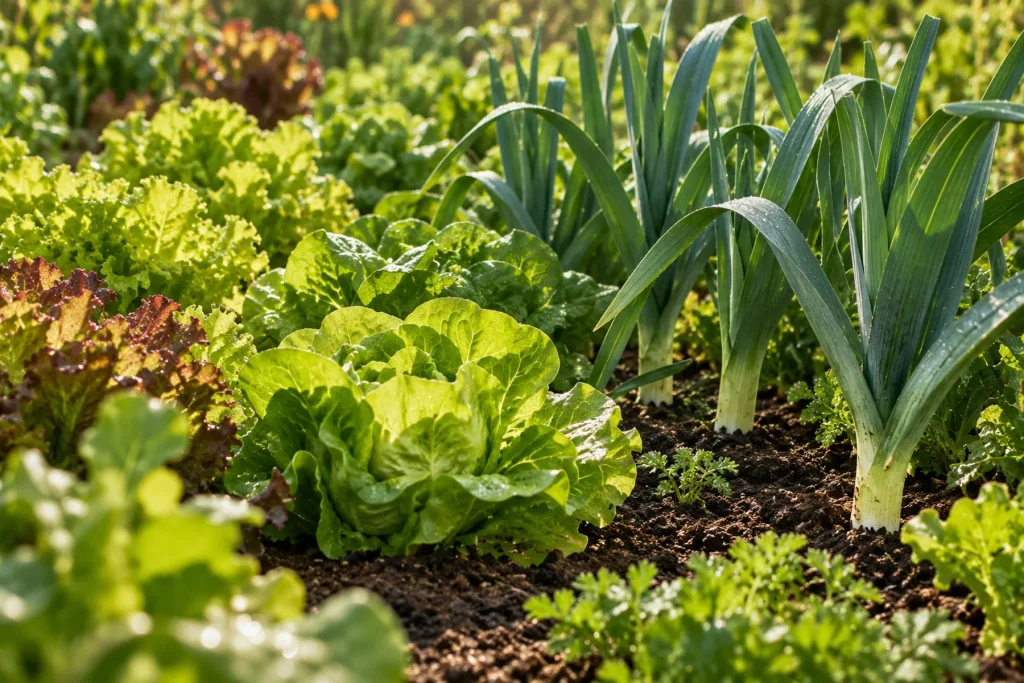 Planche de potager vigoureuse : jeunes légumes feuillus bien verts (salades, poireaux), terre riche et sombre