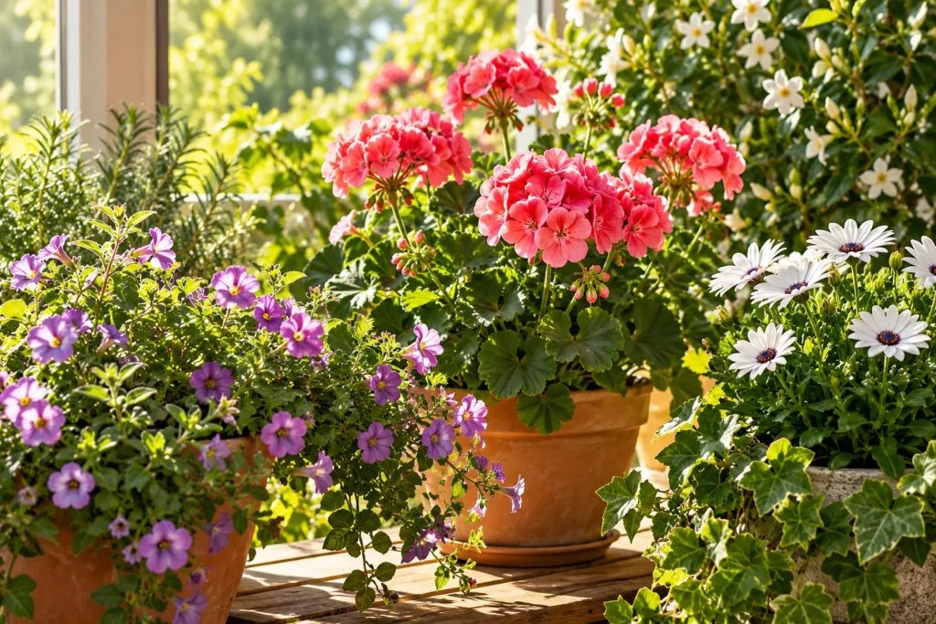 Plantes fleuries d'intérieur et de balcon en pot, près d'une fenêtre lumineuse, feuillage dense et fleurs ouvertes