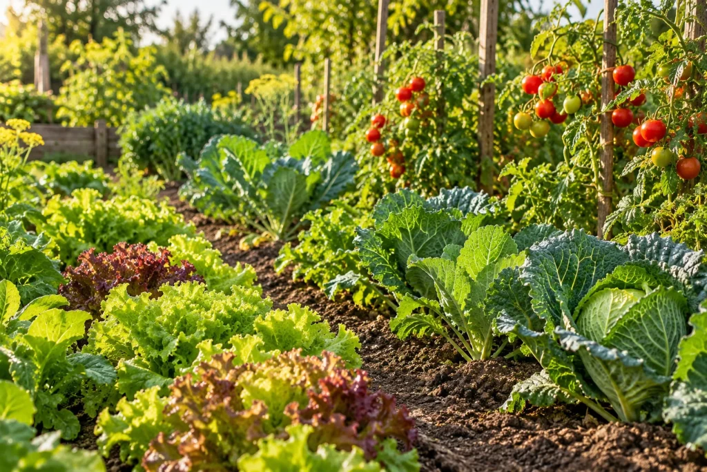 Potager familial abondant : rangs de légumes vigoureux (salades, choux, tomates), terre bien travaillée