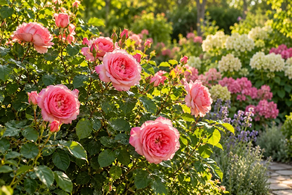 Rosier et arbuste à fleurs en pleine floraison au jardin, roses épanouies, feuillage vert sain